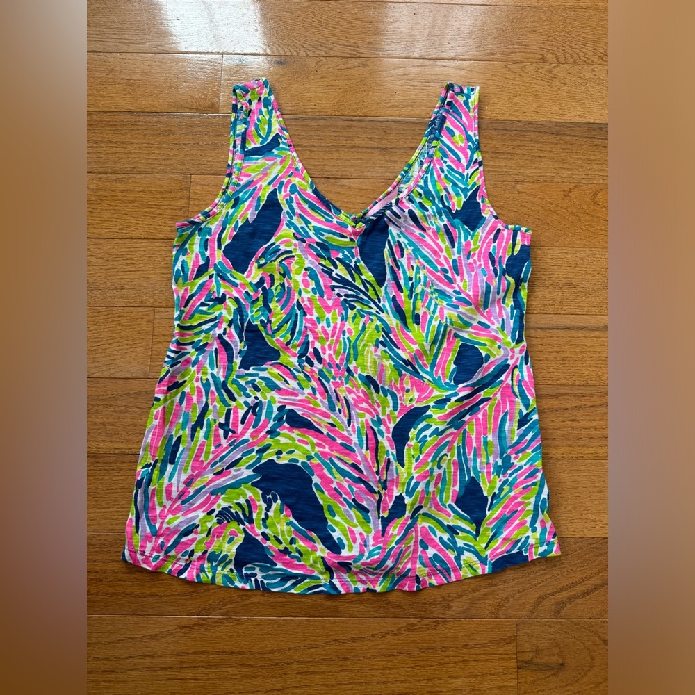 Lilly Pulitzer Gigi Tank Top 100% Cotton Multicolor Tropical Print V-Neck Small